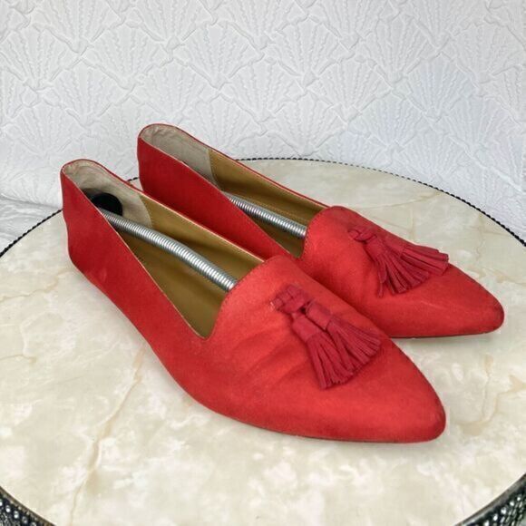J. Crew Tassel Loafers Womens Size 9 Red Microsuede Pointed Toe Slip On Shoes - Picture 2 of 12